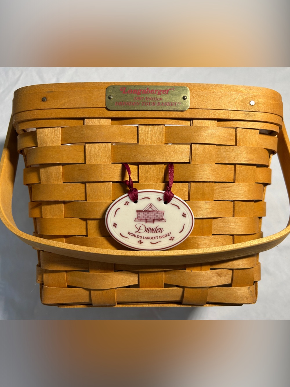 Longaberger 1997 Dresden Tour basket in honey oak with burgundy tag and Liner